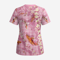 Pink Palaka Hawaiian And Japanese Scrub Top Sakura Lei With Koi Fish DT05 - Polynesian Pride