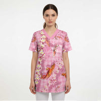 Pink Palaka Hawaiian And Japanese Scrub Top Sakura Lei With Koi Fish DT05 - Polynesian Pride