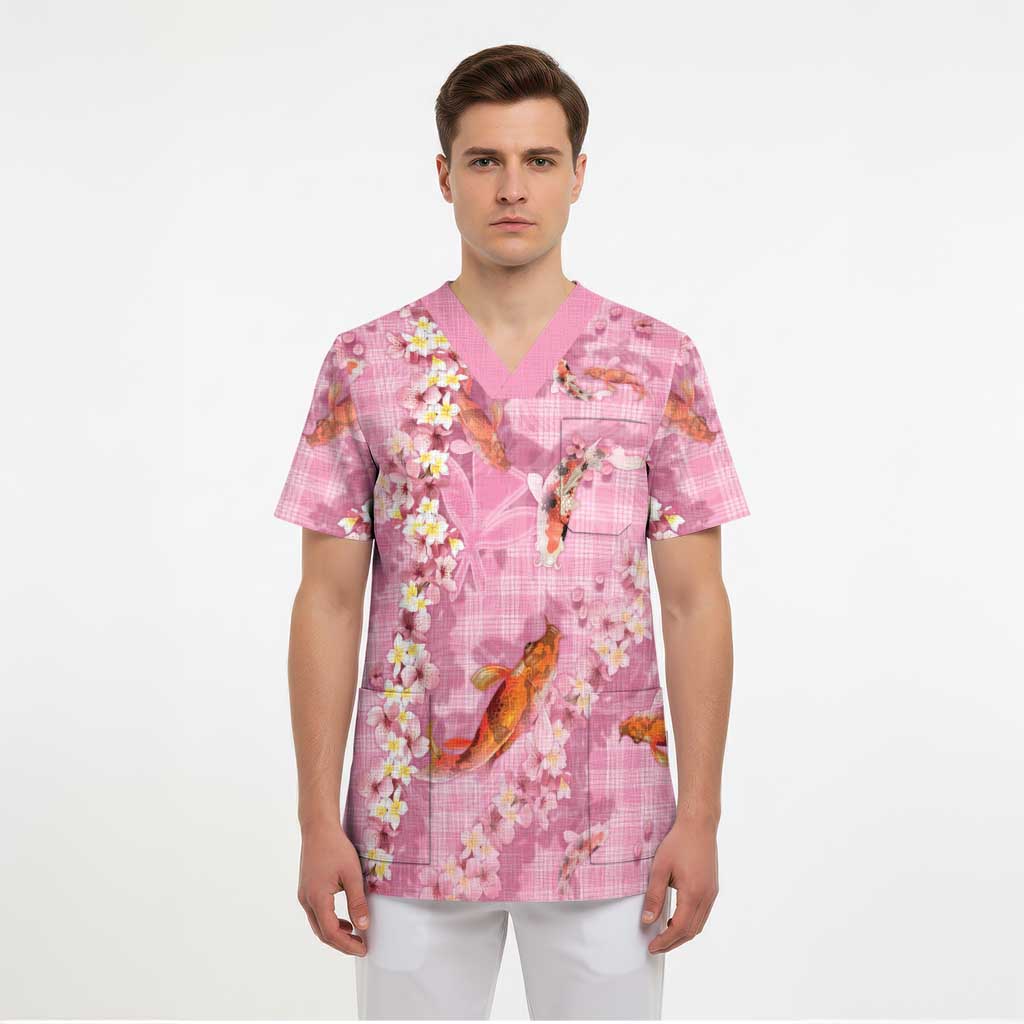Pink Palaka Hawaiian And Japanese Scrub Top Sakura Lei With Koi Fish DT05 - Polynesian Pride