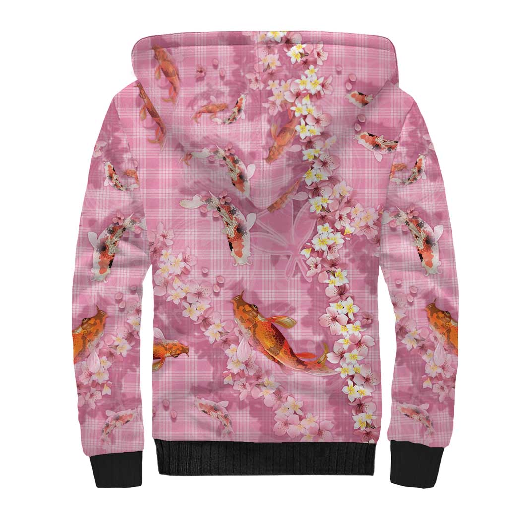 Pink Palaka Hawaiian And Japanese Sherpa Hoodie Sakura Lei With Koi Fish - Polynesian Pride