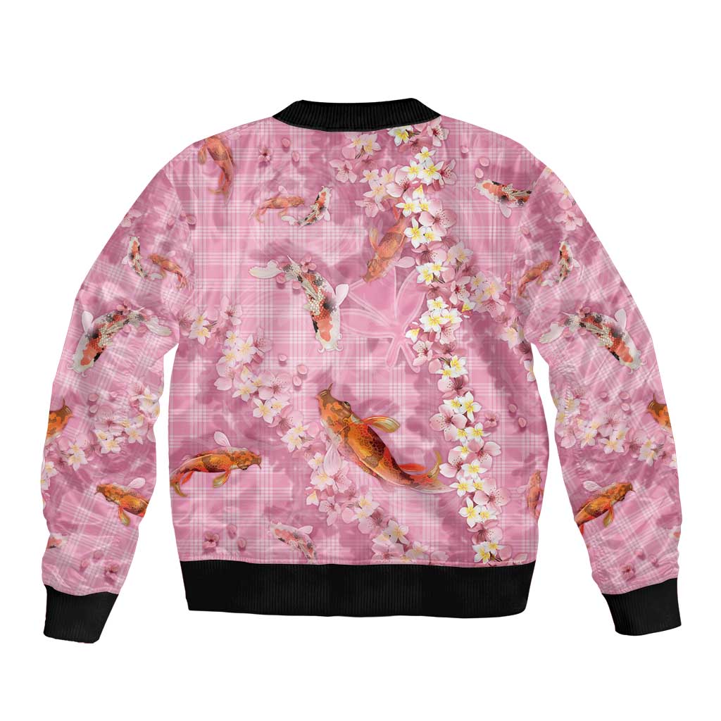 Pink Palaka Hawaiian And Japanese Sleeve Zip Bomber Jacket Sakura Lei With Koi Fish - Polynesian Pride
