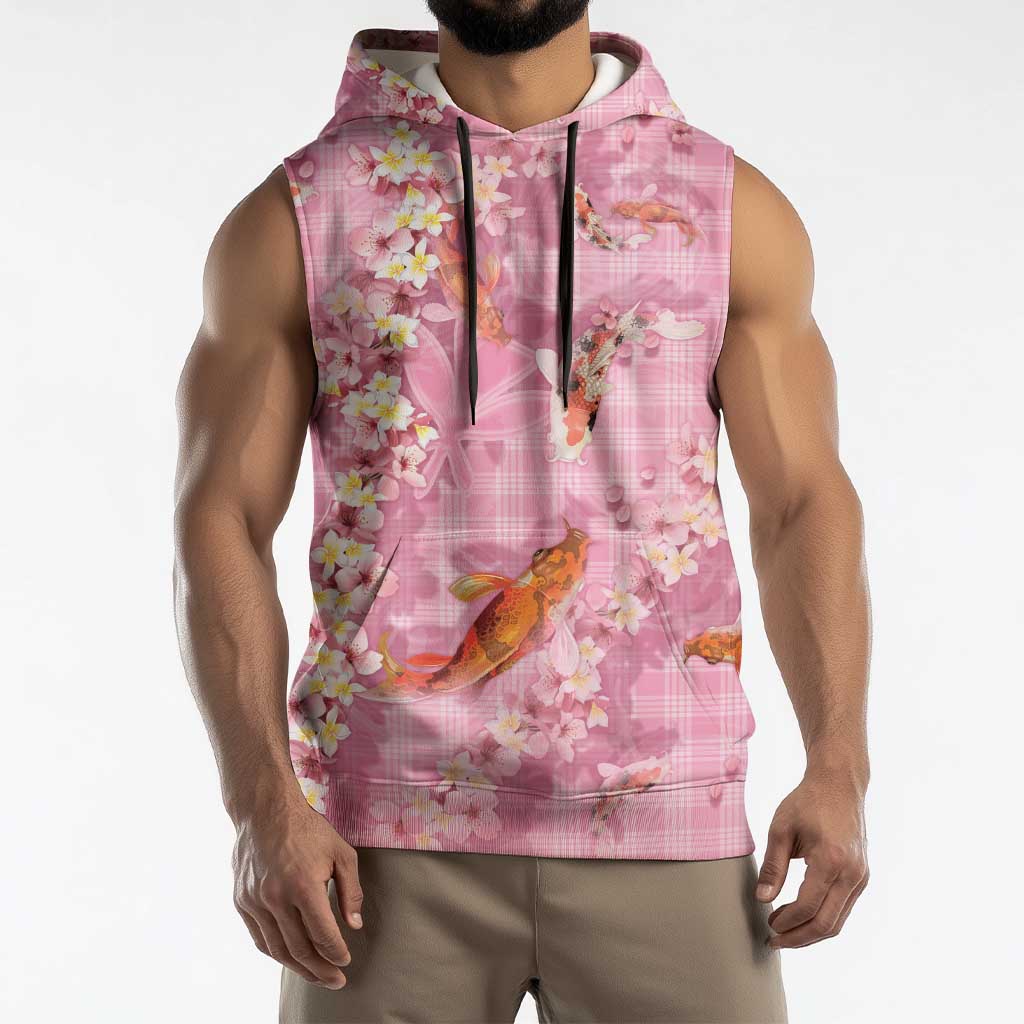 Pink Palaka Hawaiian And Japanese Sleeveless Hoodie Sakura Lei With Koi Fish DT05 - Polynesian Pride