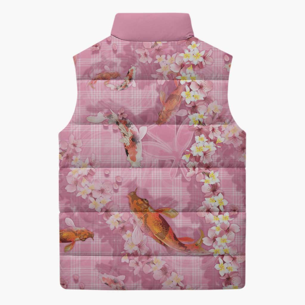 Pink Palaka Hawaiian And Japanese Sleeveless Puffer Jacket Sakura Lei With Koi Fish DT05 - Polynesian Pride