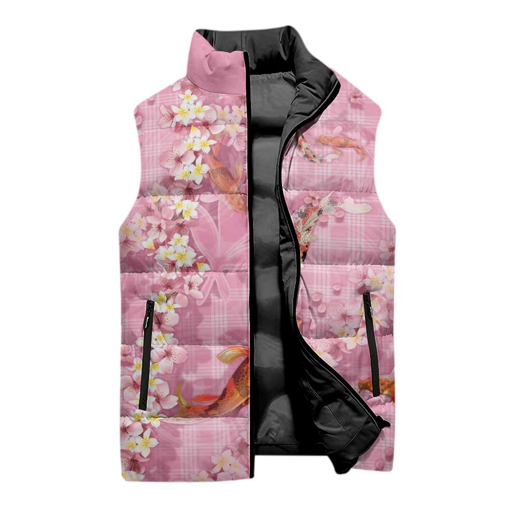 Pink Palaka Hawaiian And Japanese Sleeveless Puffer Jacket Sakura Lei With Koi Fish DT05 - Polynesian Pride