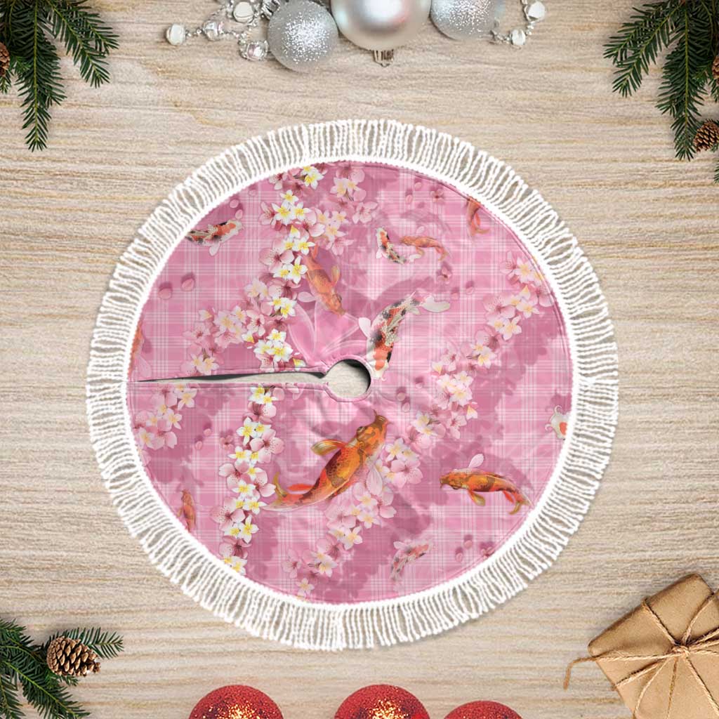 Pink Palaka Hawaiian And Japanese Tree Skirt Sakura Lei With Koi Fish DT05 Fringed Pink - Polynesian Pride