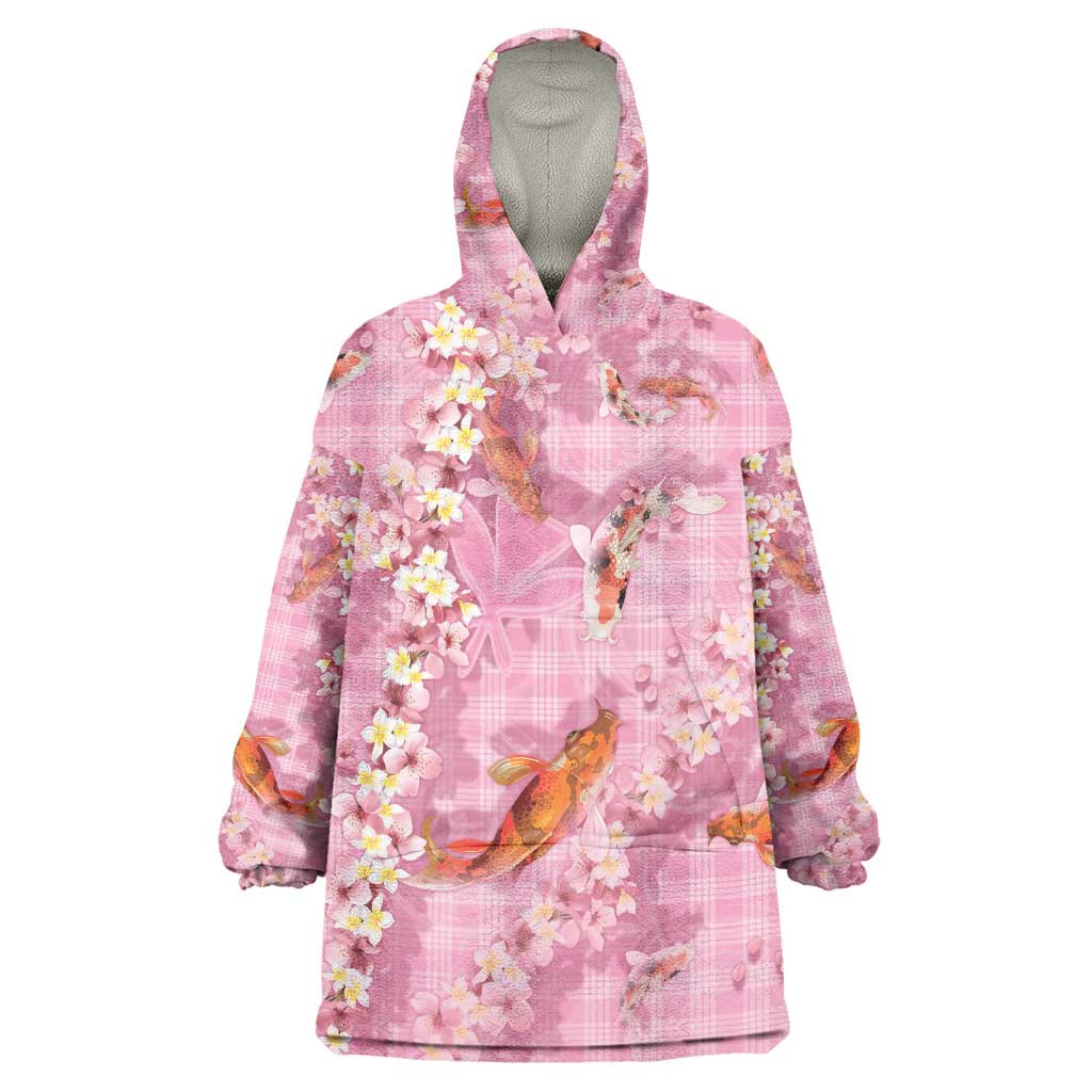 Pink Palaka Hawaiian And Japanese Wearable Blanket Hoodie Sakura Lei With Koi Fish - Polynesian Pride