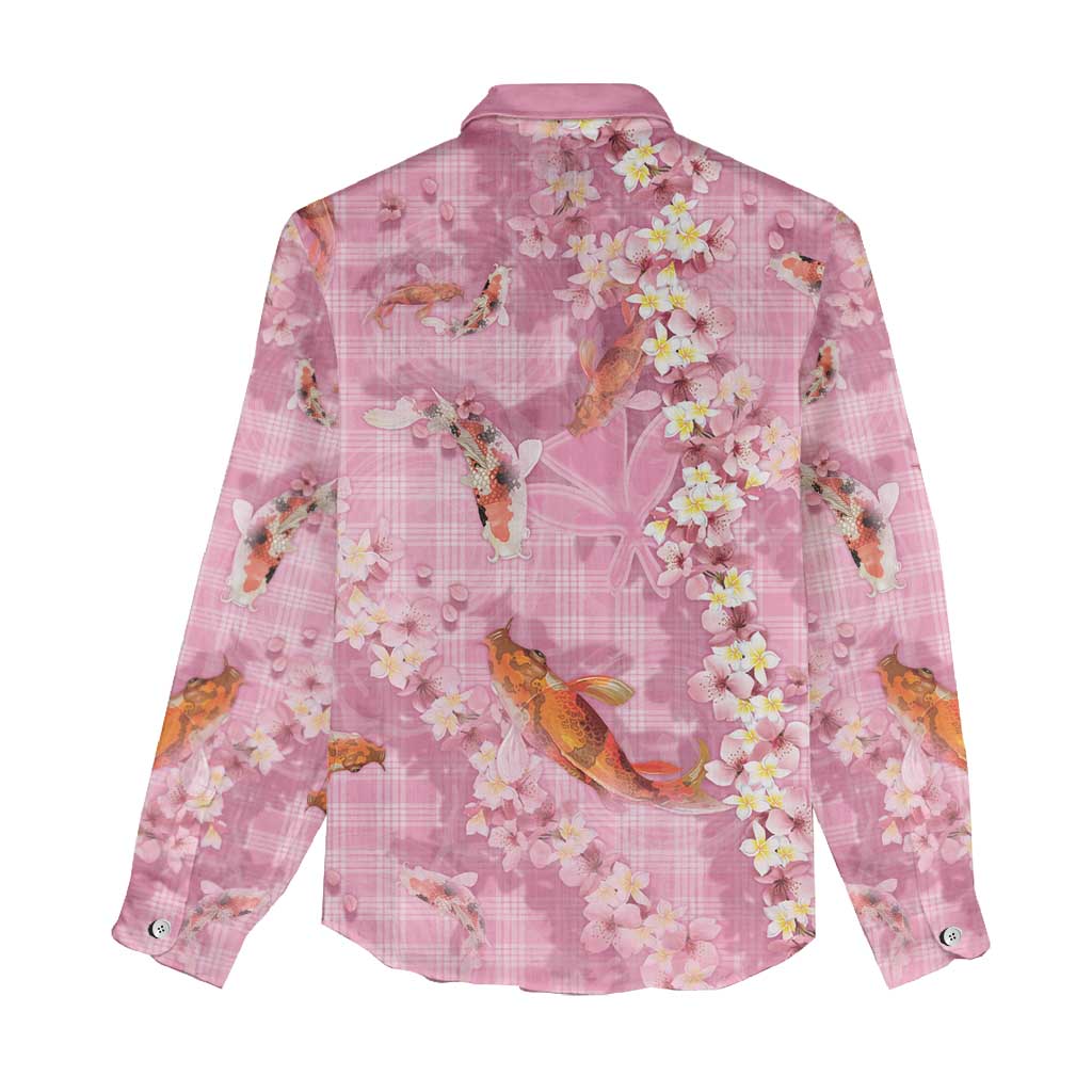 Pink Palaka Hawaiian And Japanese Women Casual Shirt Sakura Lei With Koi Fish - Polynesian Pride