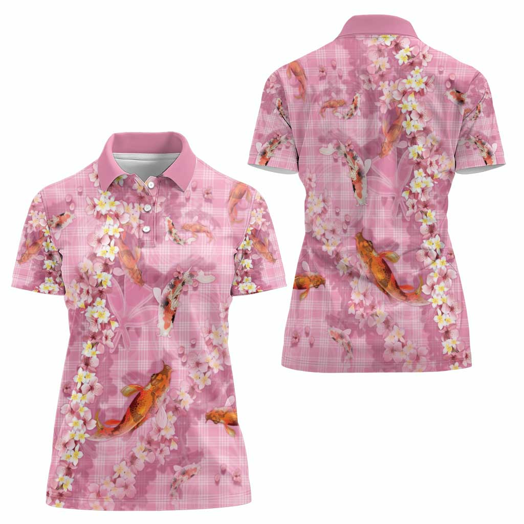 Pink Palaka Hawaiian And Japanese Women Polo Shirt Sakura Lei With Koi Fish - Polynesian Pride