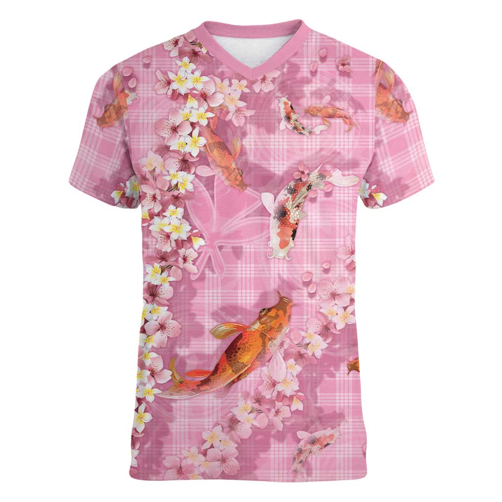 Pink Palaka Hawaiian And Japanese Women V-Neck T-Shirt Sakura Lei With Koi Fish DT05 Female Pink - Polynesian Pride