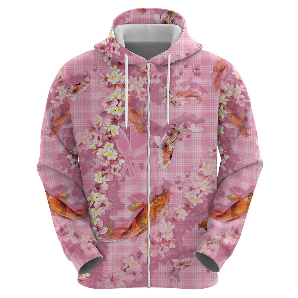 Pink Palaka Hawaiian And Japanese Zip Hoodie Sakura Lei With Koi Fish DT05 - Polynesian Pride