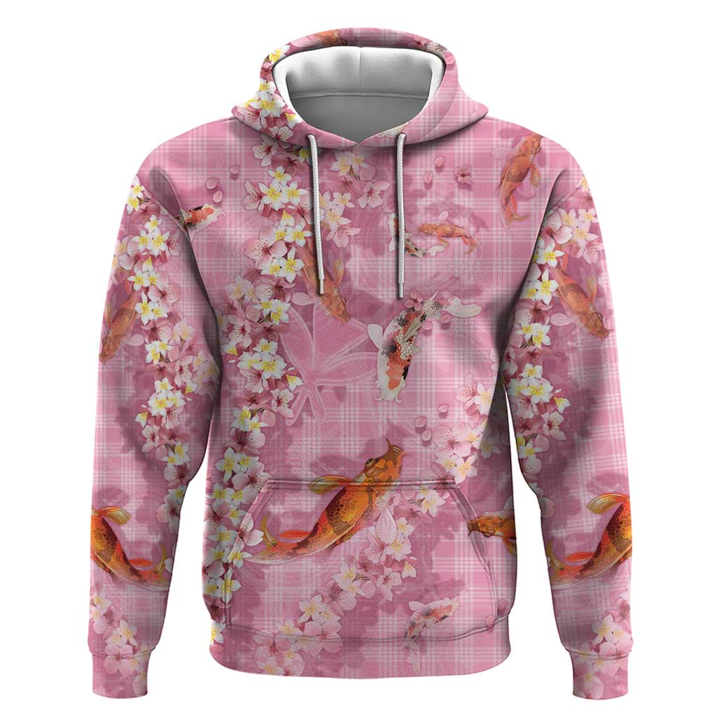 Pink Palaka Hawaiian And Japanese Zip Hoodie Sakura Lei With Koi Fish DT05 Pullover Hoodie Pink - Polynesian Pride