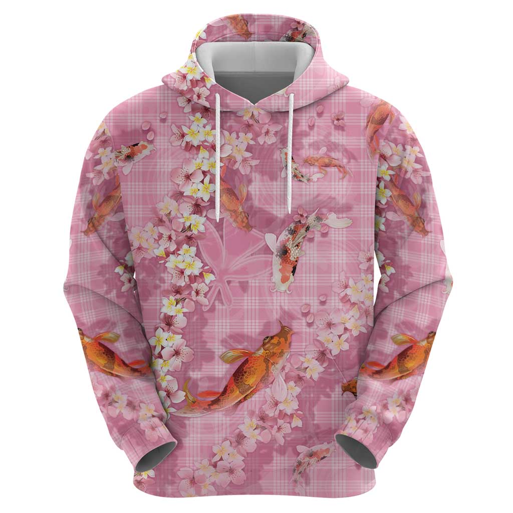 Pink Palaka Hawaiian And Japanese Zip Hoodie Sakura Lei With Koi Fish DT05 - Polynesian Pride