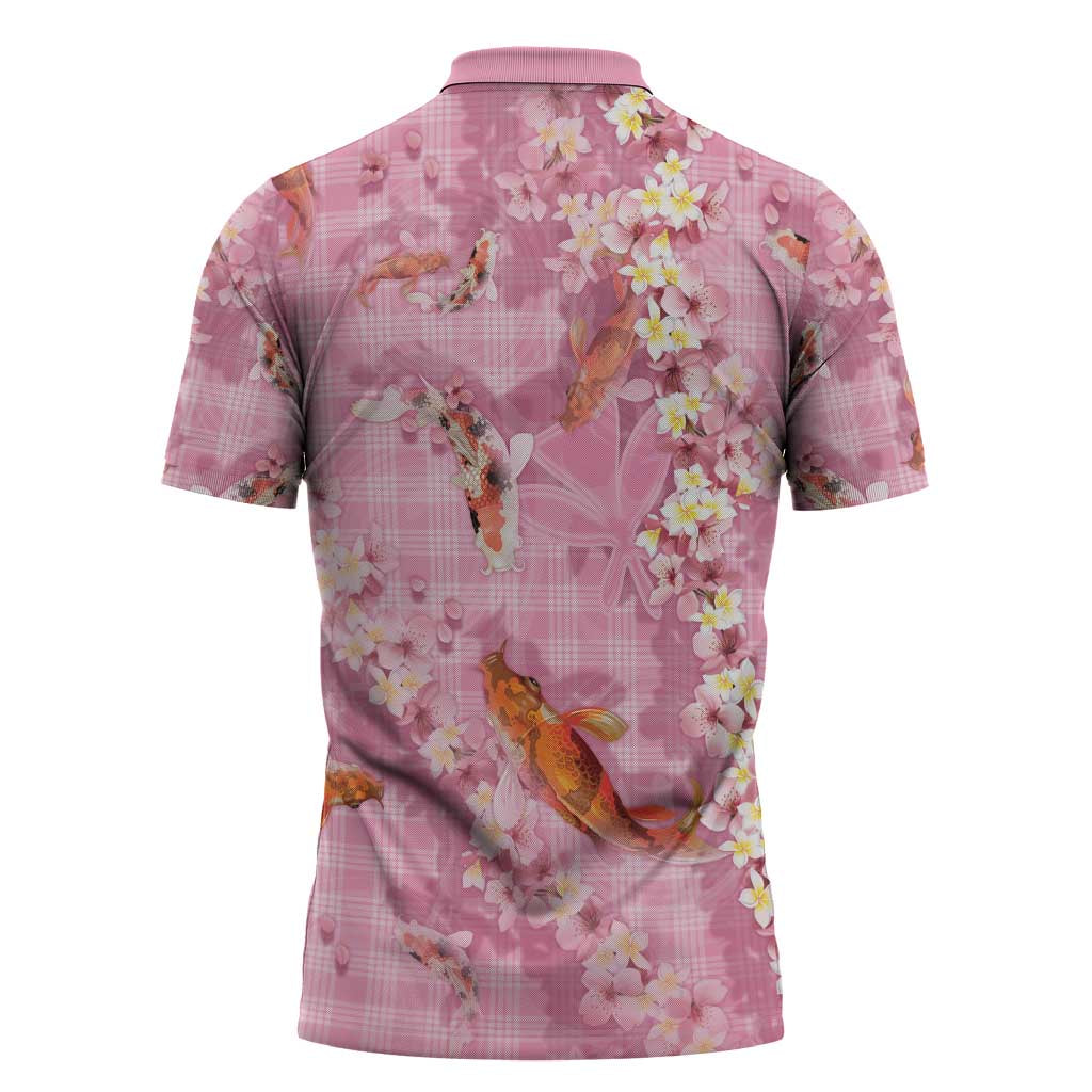 Pink Palaka Hawaiian And Japanese Zipper Polo Shirt Sakura Lei With Koi Fish - Polynesian Pride