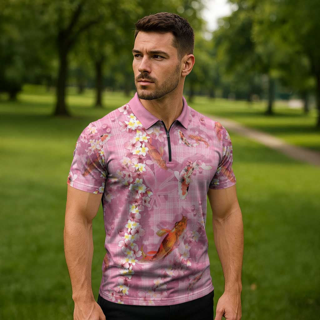 Pink Palaka Hawaiian And Japanese Zipper Polo Shirt Sakura Lei With Koi Fish - Polynesian Pride