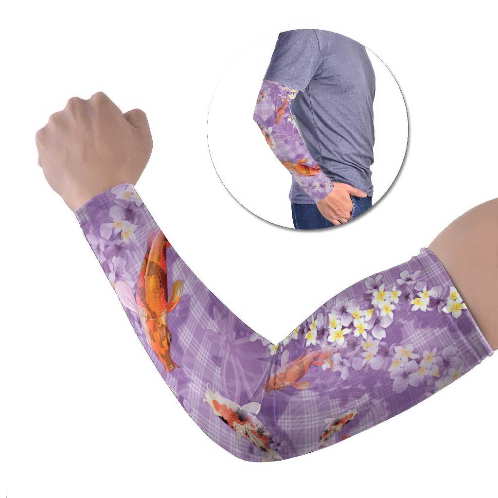 Purple Palaka Hawaiian And Japanese Arm Sleeves Sakura Lei With Koi Fish DT05 Set of 2 Purple - Polynesian Pride