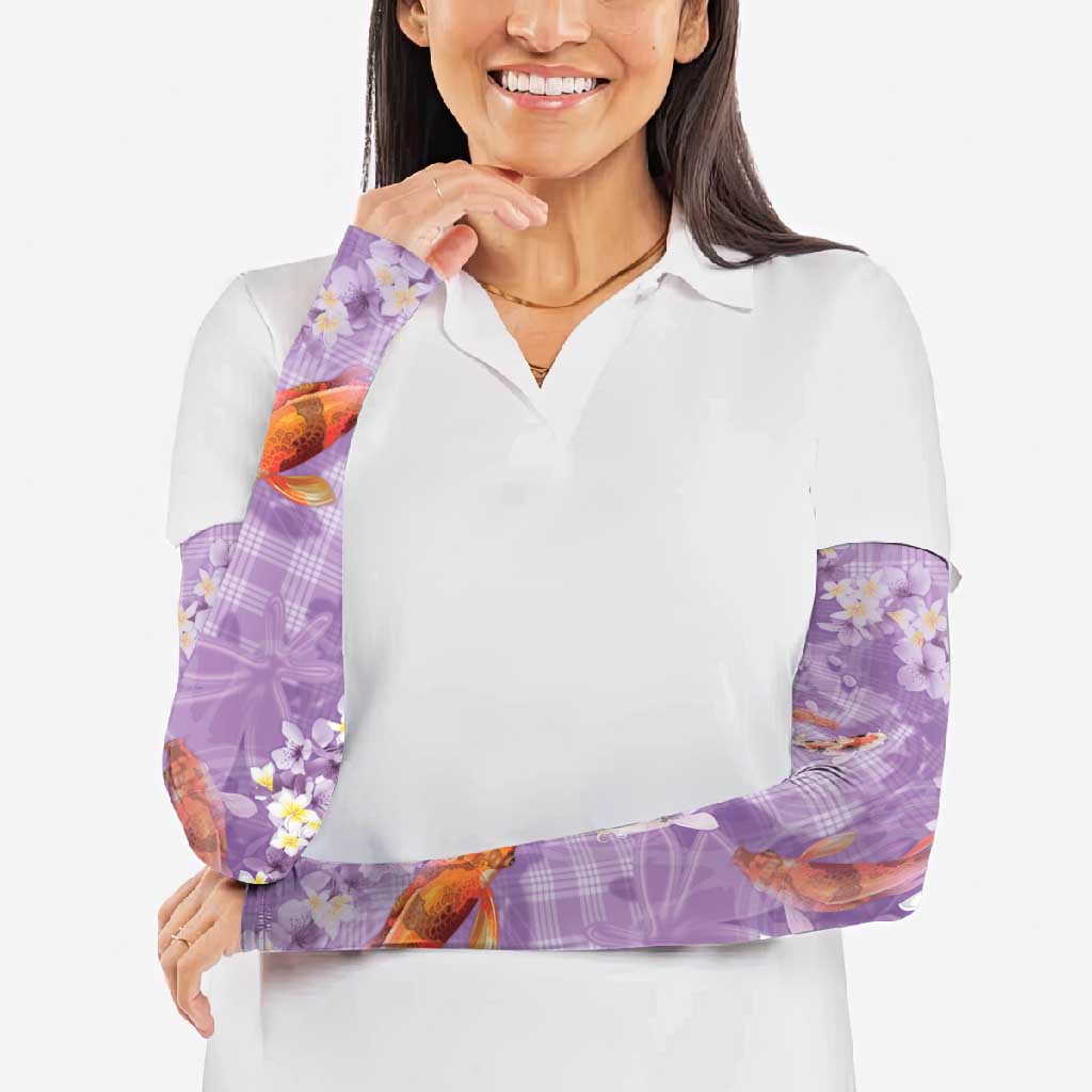 Purple Palaka Hawaiian And Japanese Arm Sleeves Sakura Lei With Koi Fish - Polynesian Pride