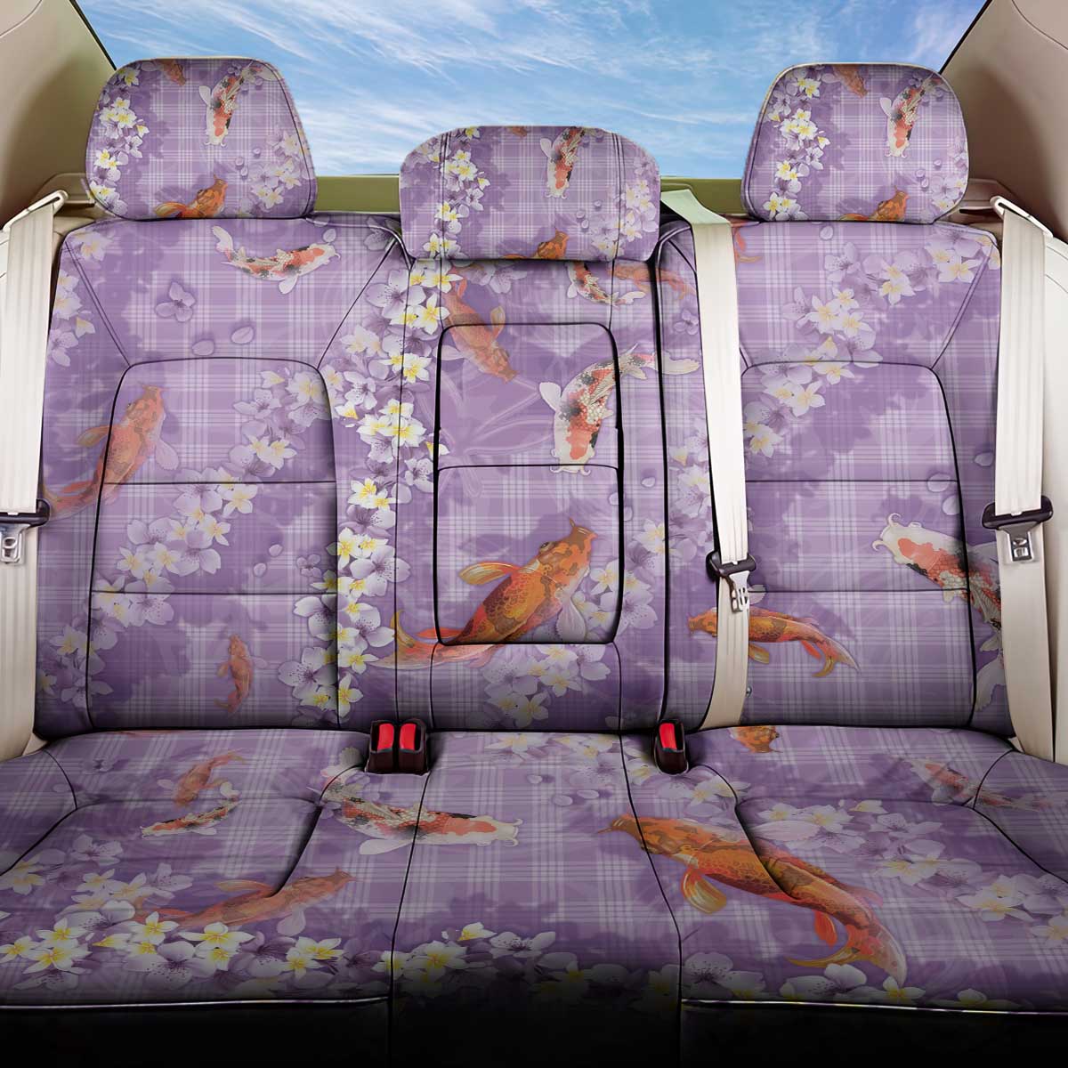 Purple Palaka Hawaiian And Japanese Back Car Seat Cover Sakura Lei With Koi Fish DT05 One Size Purple - Polynesian Pride