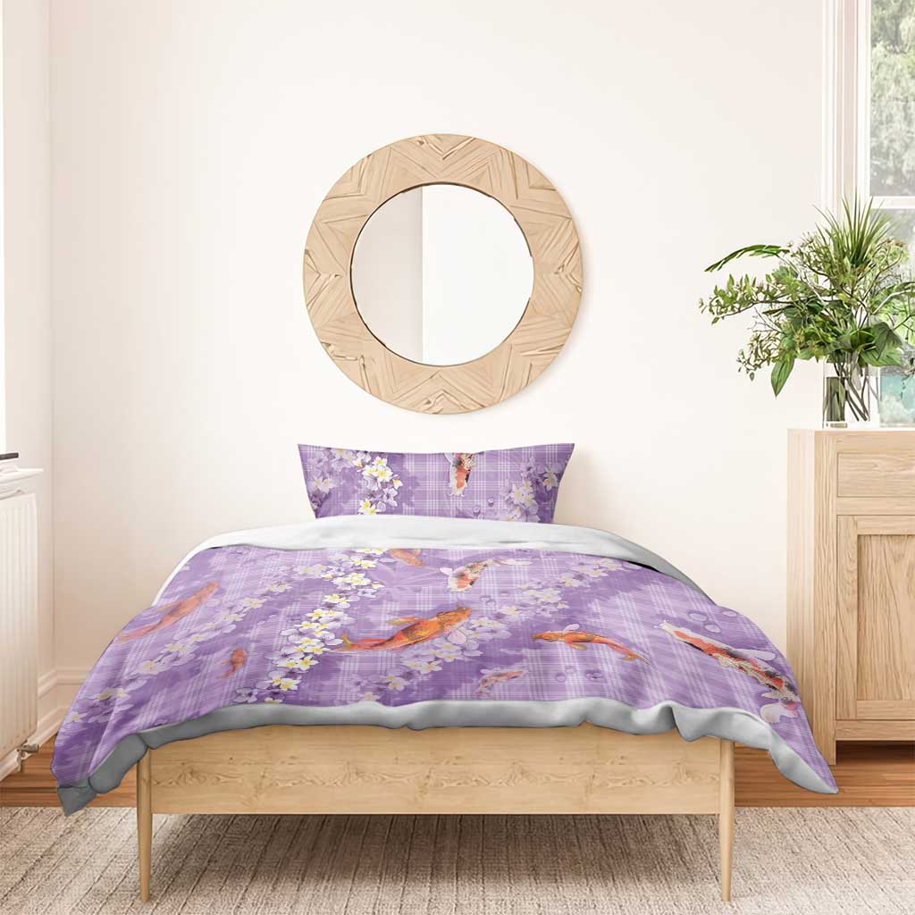 Purple Palaka Hawaiian And Japanese Bedding Set Sakura Lei With Koi Fish - Polynesian Pride
