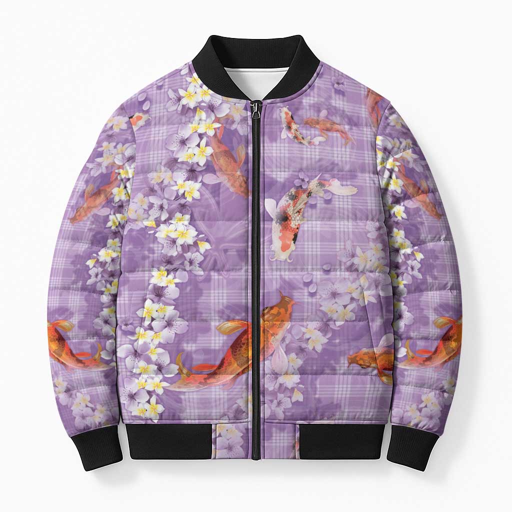 Purple Palaka Hawaiian And Japanese Bomber Puffer Jacket Sakura Lei With Koi Fish DT05 Unisex Purple - Polynesian Pride