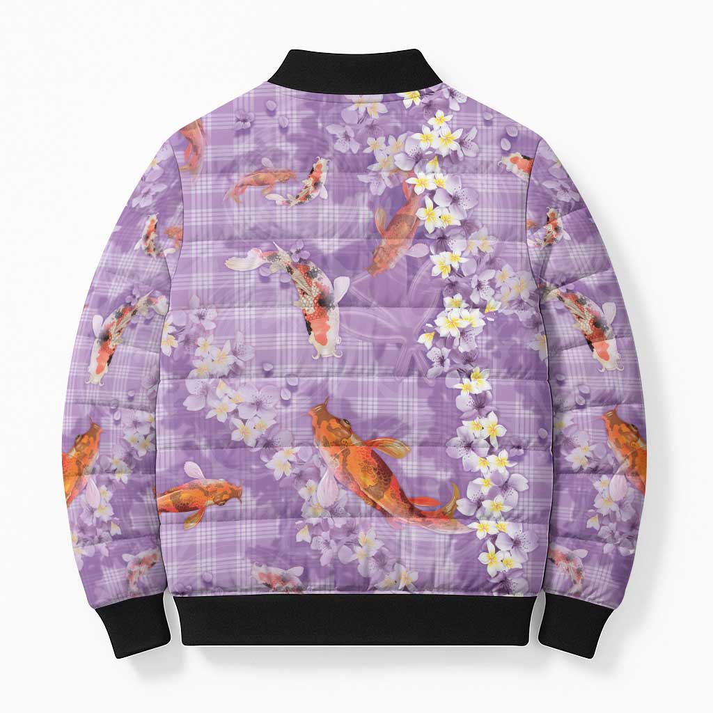 Purple Palaka Hawaiian And Japanese Bomber Puffer Jacket Sakura Lei With Koi Fish DT05 - Polynesian Pride