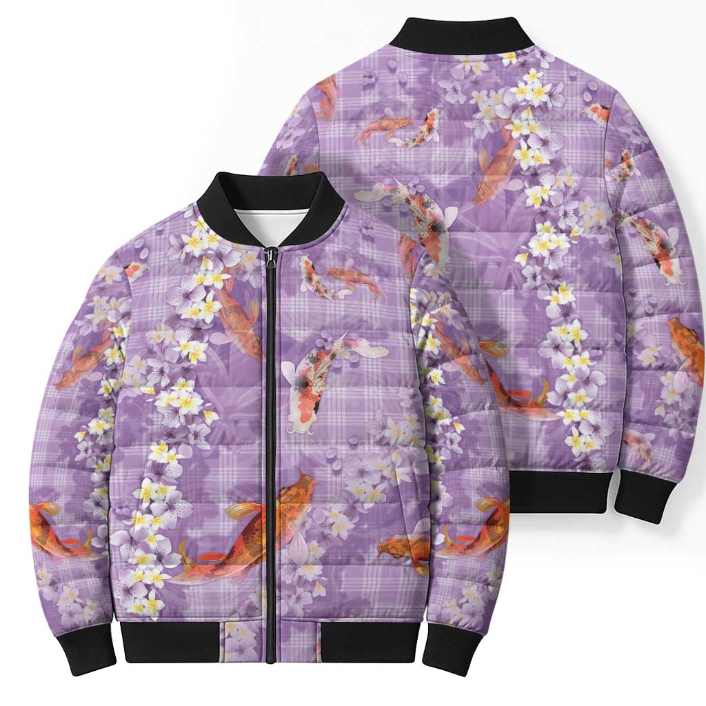 Purple Palaka Hawaiian And Japanese Bomber Puffer Jacket Sakura Lei With Koi Fish DT05 - Polynesian Pride