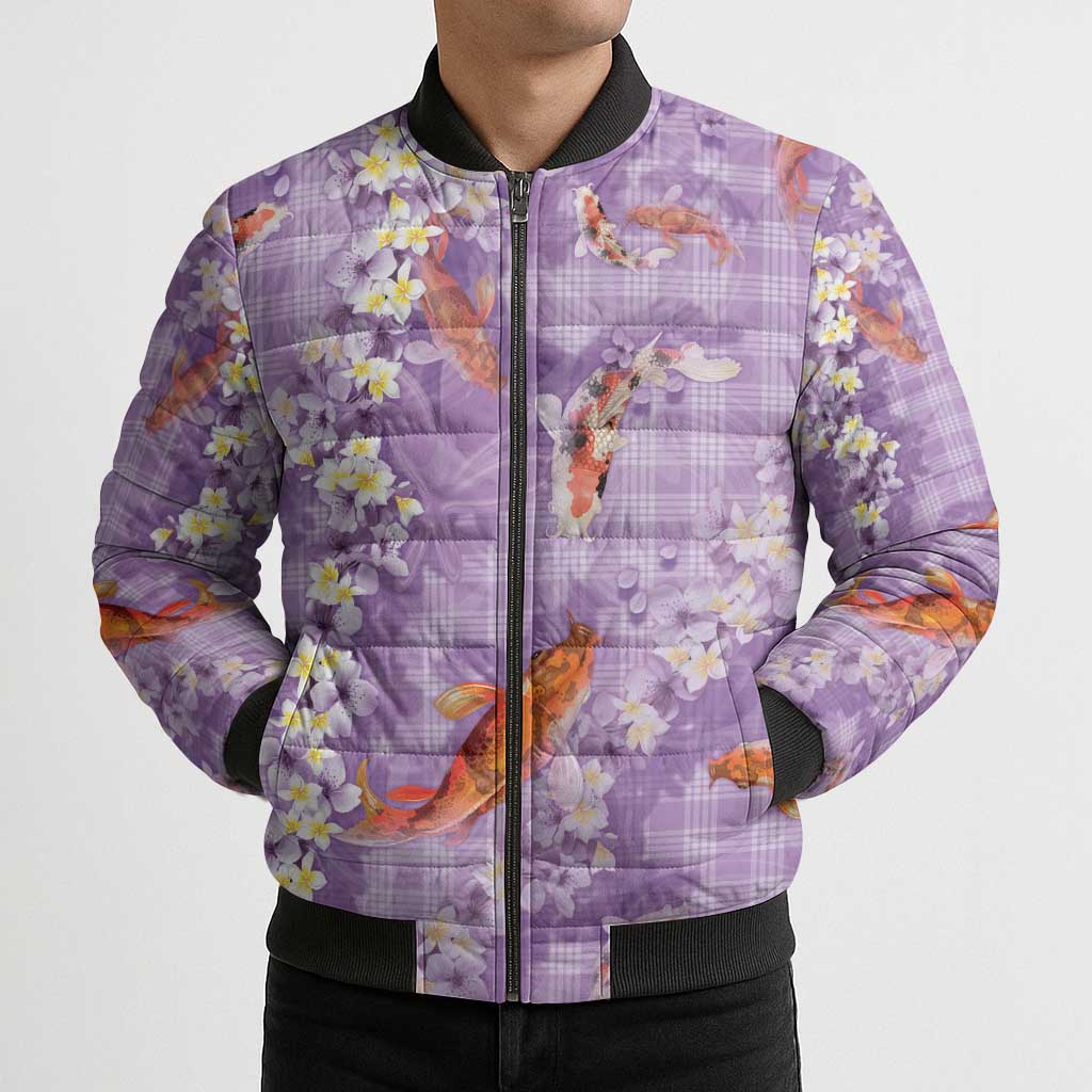 Purple Palaka Hawaiian And Japanese Bomber Puffer Jacket Sakura Lei With Koi Fish DT05 - Polynesian Pride