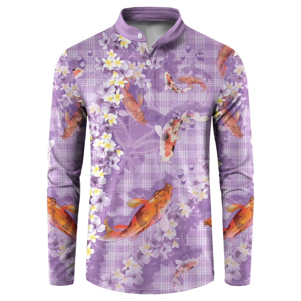 Purple Palaka Hawaiian And Japanese Button Sweatshirt Sakura Lei With Koi Fish DT05 Purple - Polynesian Pride