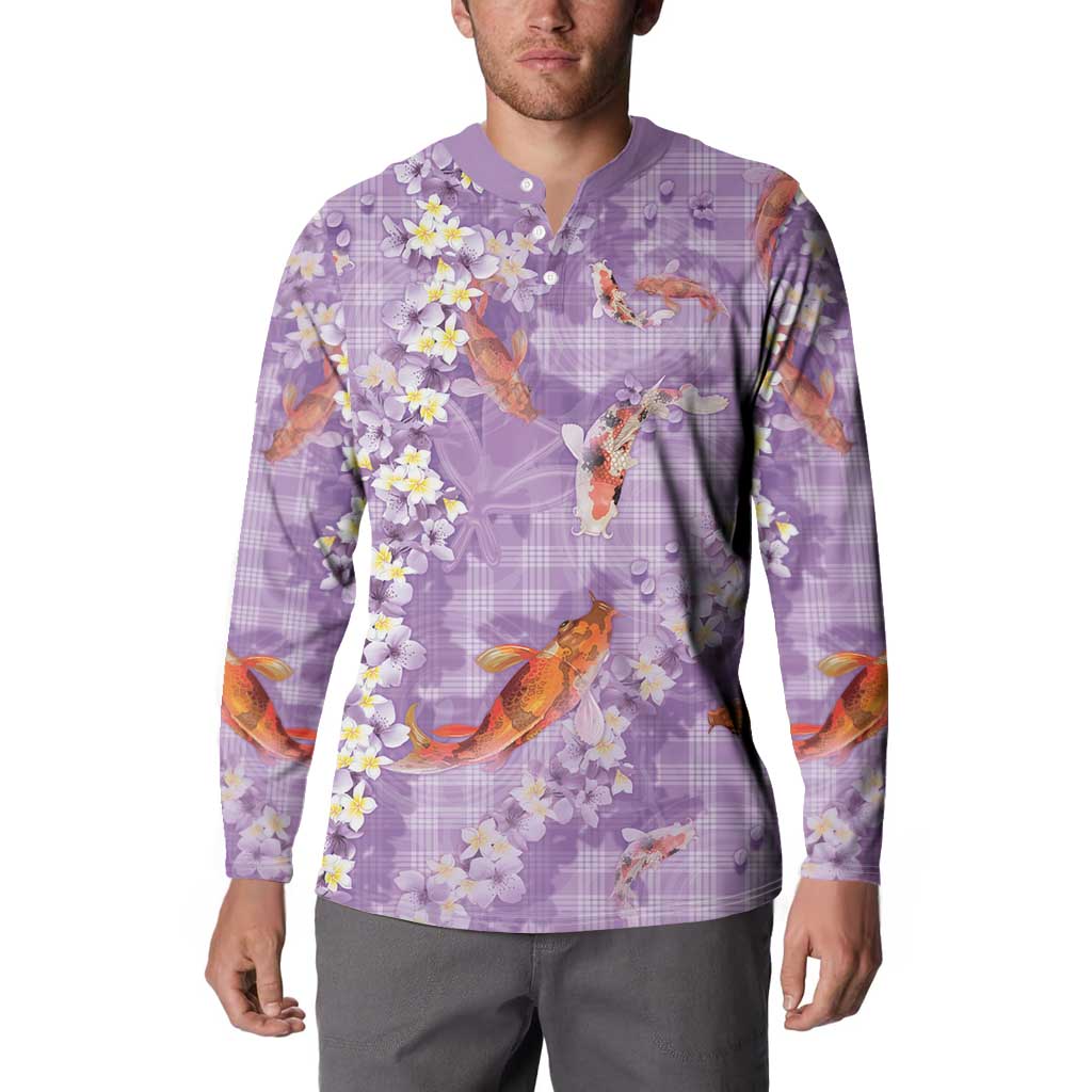 Purple Palaka Hawaiian And Japanese Button Sweatshirt Sakura Lei With Koi Fish DT05 - Polynesian Pride