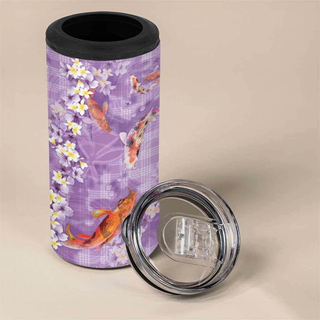 Purple Palaka Hawaiian And Japanese 4 in 1 Can Cooler Tumbler Sakura Lei With Koi Fish - Polynesian Pride
