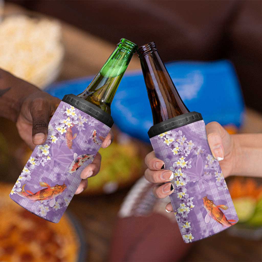 Purple Palaka Hawaiian And Japanese 4 in 1 Can Cooler Tumbler Sakura Lei With Koi Fish - Polynesian Pride