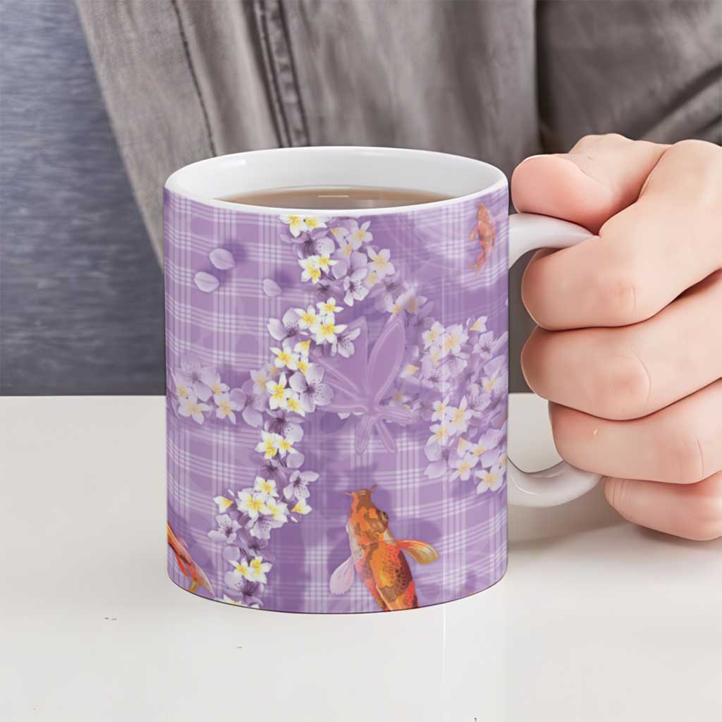 Purple Palaka Hawaiian And Japanese Ceramic Mug Sakura Lei With Koi Fish DT05 - Polynesian Pride