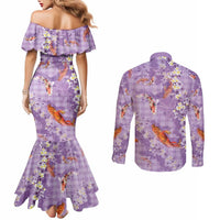 Purple Palaka Hawaiian And Japanese Couples Matching Mermaid Dress and Long Sleeve Button Shirt Sakura Lei With Koi Fish - Polynesian Pride