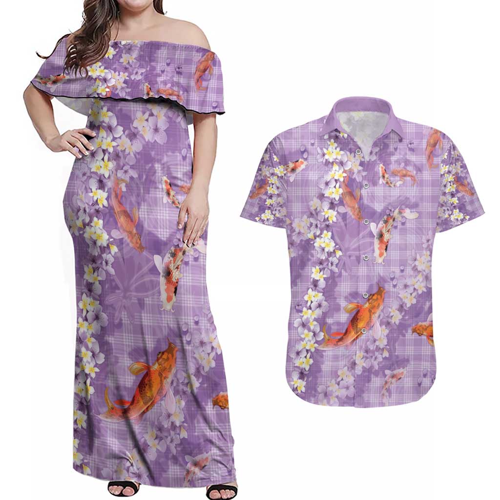 Purple Palaka Hawaiian And Japanese Couples Matching Off Shoulder Maxi Dress and Hawaiian Shirt Sakura Lei With Koi Fish - Polynesian Pride