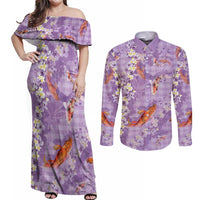Purple Palaka Hawaiian And Japanese Couples Matching Off Shoulder Maxi Dress and Long Sleeve Button Shirt Sakura Lei With Koi Fish - Polynesian Pride