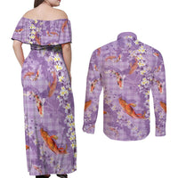 Purple Palaka Hawaiian And Japanese Couples Matching Off Shoulder Maxi Dress and Long Sleeve Button Shirt Sakura Lei With Koi Fish - Polynesian Pride