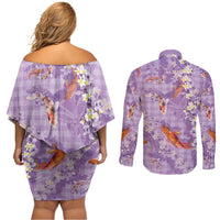 Purple Palaka Hawaiian And Japanese Couples Matching Off Shoulder Short Dress and Long Sleeve Button Shirt Sakura Lei With Koi Fish - Polynesian Pride