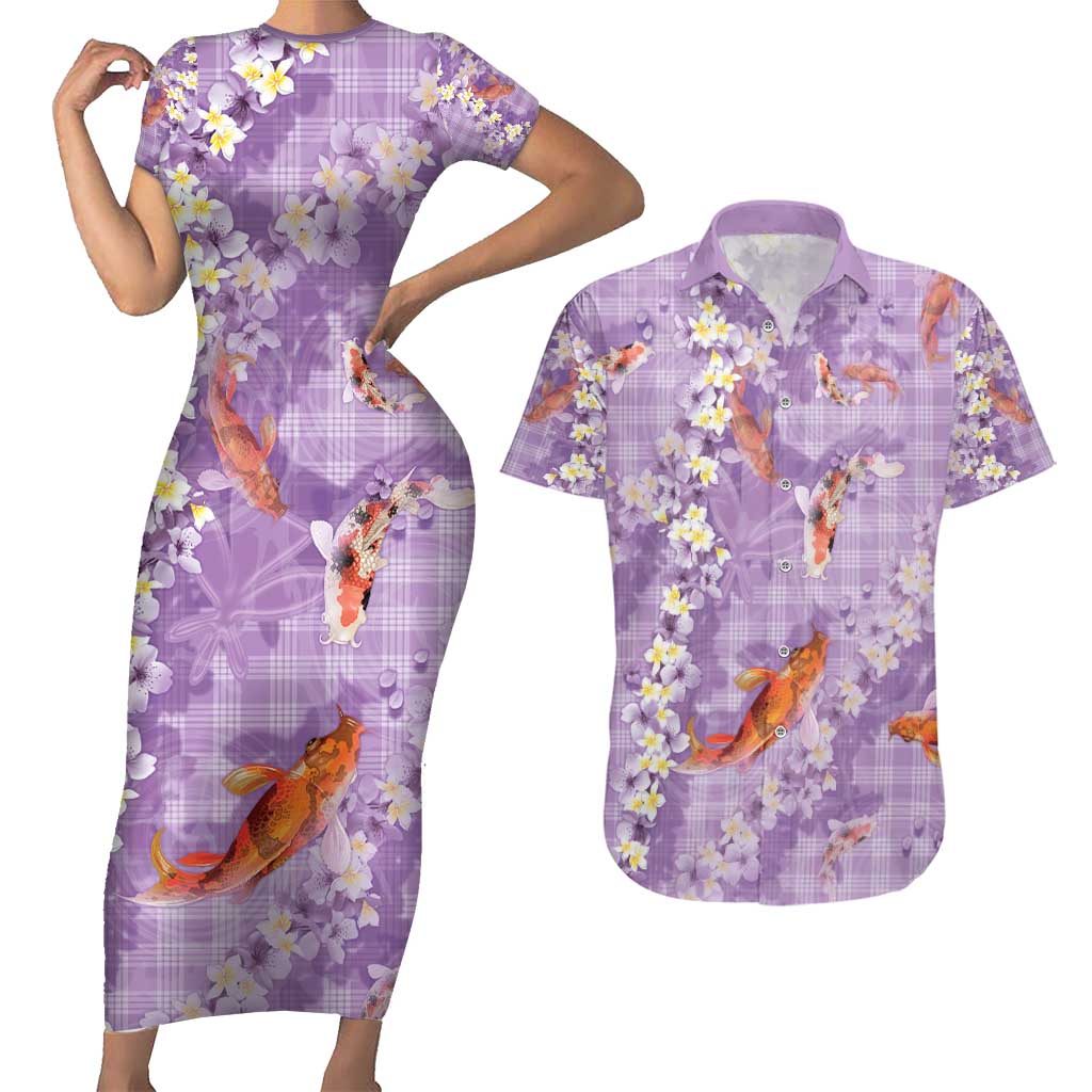 Purple Palaka Hawaiian And Japanese Couples Matching Short Sleeve Bodycon Dress and Hawaiian Shirt Sakura Lei With Koi Fish - Polynesian Pride