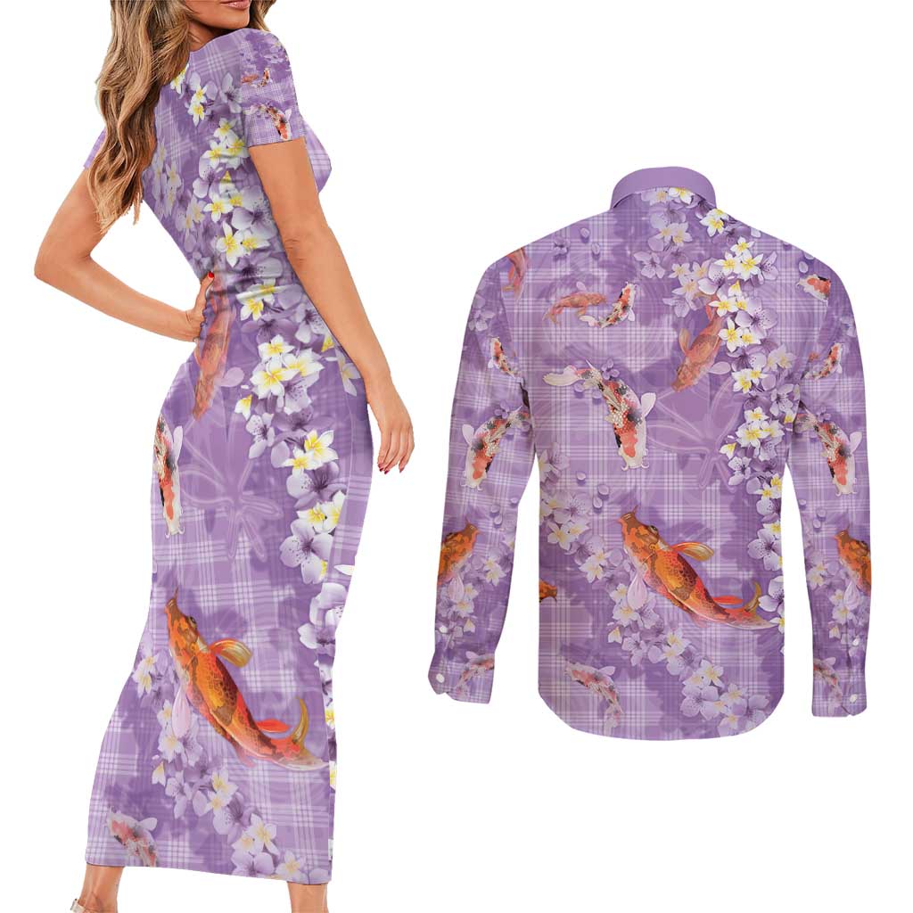 Purple Palaka Hawaiian And Japanese Couples Matching Short Sleeve Bodycon Dress and Long Sleeve Button Shirt Sakura Lei With Koi Fish - Polynesian Pride