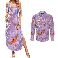 Purple Palaka Hawaiian And Japanese Couples Matching Summer Maxi Dress and Long Sleeve Button Shirt Sakura Lei With Koi Fish - Polynesian Pride