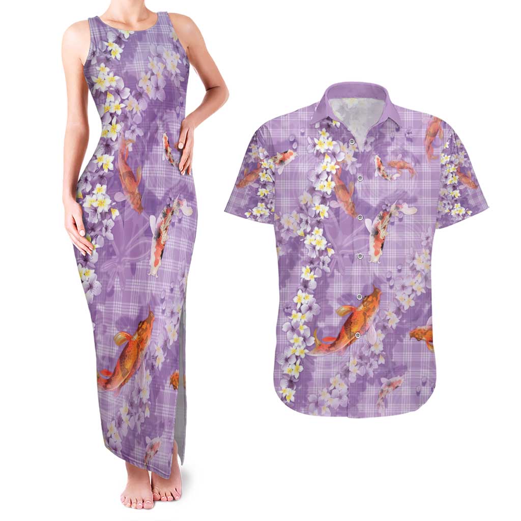 Purple Palaka Hawaiian And Japanese Couples Matching Tank Maxi Dress and Hawaiian Shirt Sakura Lei With Koi Fish - Polynesian Pride