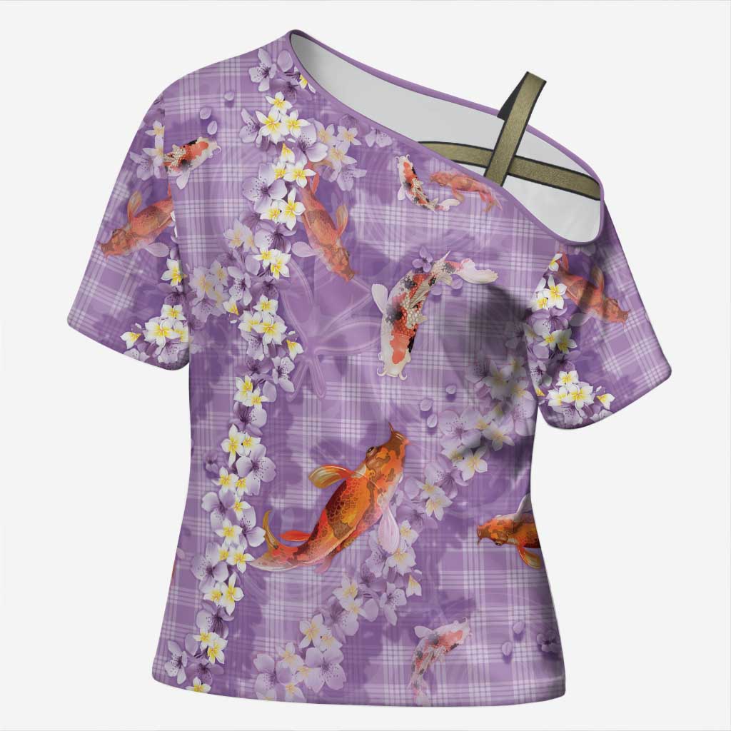Purple Palaka Hawaiian And Japanese Cross Shoulder Shirt Sakura Lei With Koi Fish DT05 Female Purple - Polynesian Pride