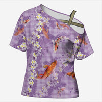 Purple Palaka Hawaiian And Japanese Cross Shoulder Shirt Sakura Lei With Koi Fish DT05 Female Purple - Polynesian Pride