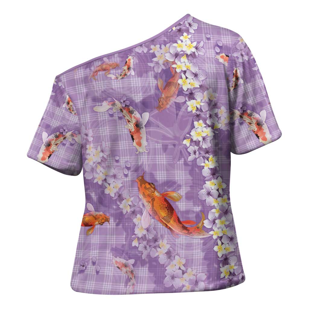 Purple Palaka Hawaiian And Japanese Cross Shoulder Shirt Sakura Lei With Koi Fish DT05 - Polynesian Pride