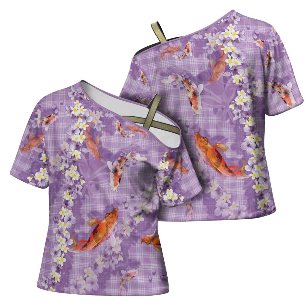 Purple Palaka Hawaiian And Japanese Cross Shoulder Shirt Sakura Lei With Koi Fish DT05 - Polynesian Pride