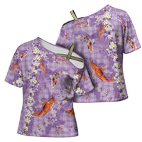 Purple Palaka Hawaiian And Japanese Cross Shoulder Shirt Sakura Lei With Koi Fish DT05 - Polynesian Pride