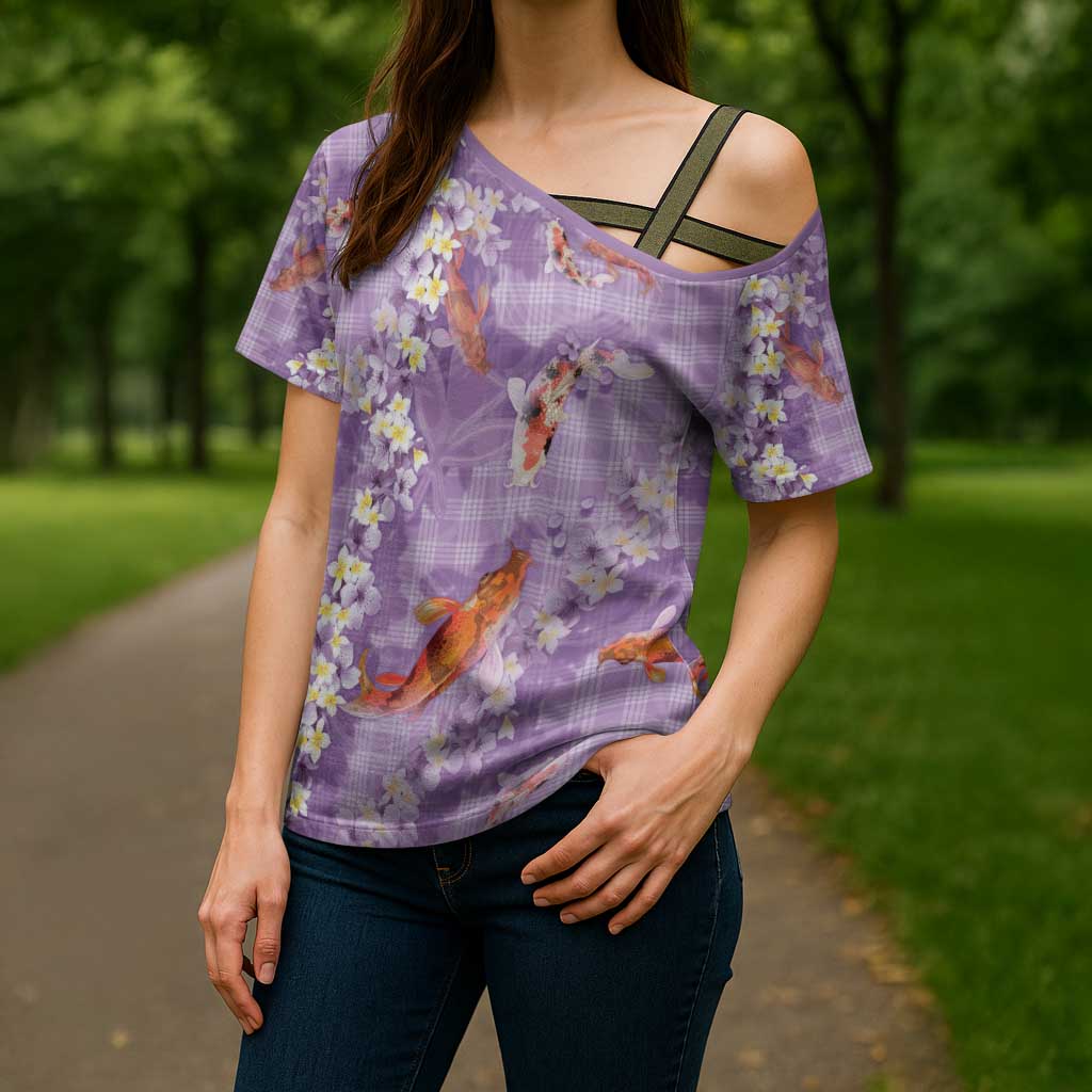 Purple Palaka Hawaiian And Japanese Cross Shoulder Shirt Sakura Lei With Koi Fish DT05 - Polynesian Pride