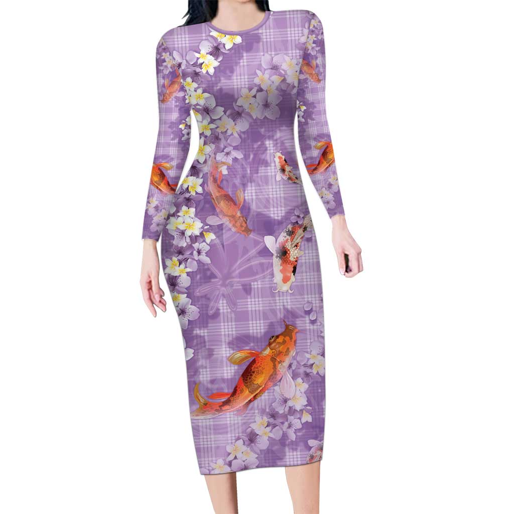 Purple Palaka Hawaiian And Japanese Family Matching Long Sleeve Bodycon Dress and Hawaiian Shirt Sakura Lei With Koi Fish - Polynesian Pride