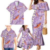 Purple Palaka Hawaiian And Japanese Family Matching Mermaid Dress and Hawaiian Shirt Sakura Lei With Koi Fish - Polynesian Pride