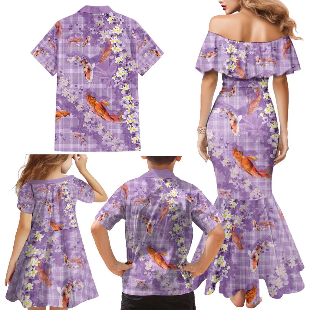 Purple Palaka Hawaiian And Japanese Family Matching Mermaid Dress and Hawaiian Shirt Sakura Lei With Koi Fish - Polynesian Pride