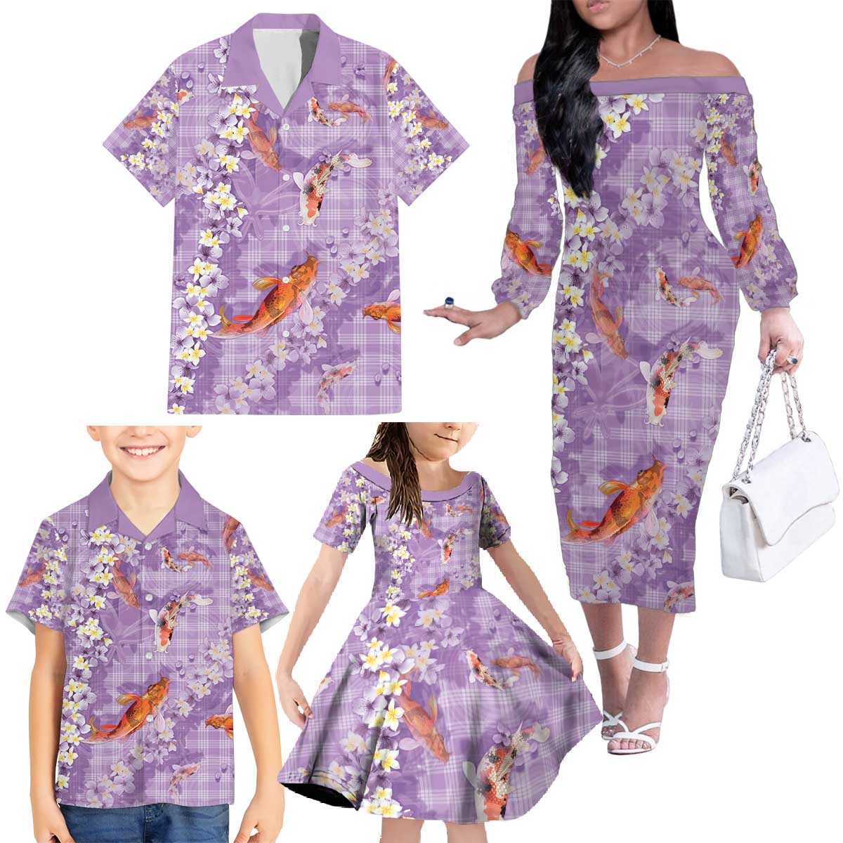 Purple Palaka Hawaiian And Japanese Family Matching Off The Shoulder Long Sleeve Dress and Hawaiian Shirt Sakura Lei With Koi Fish - Polynesian Pride